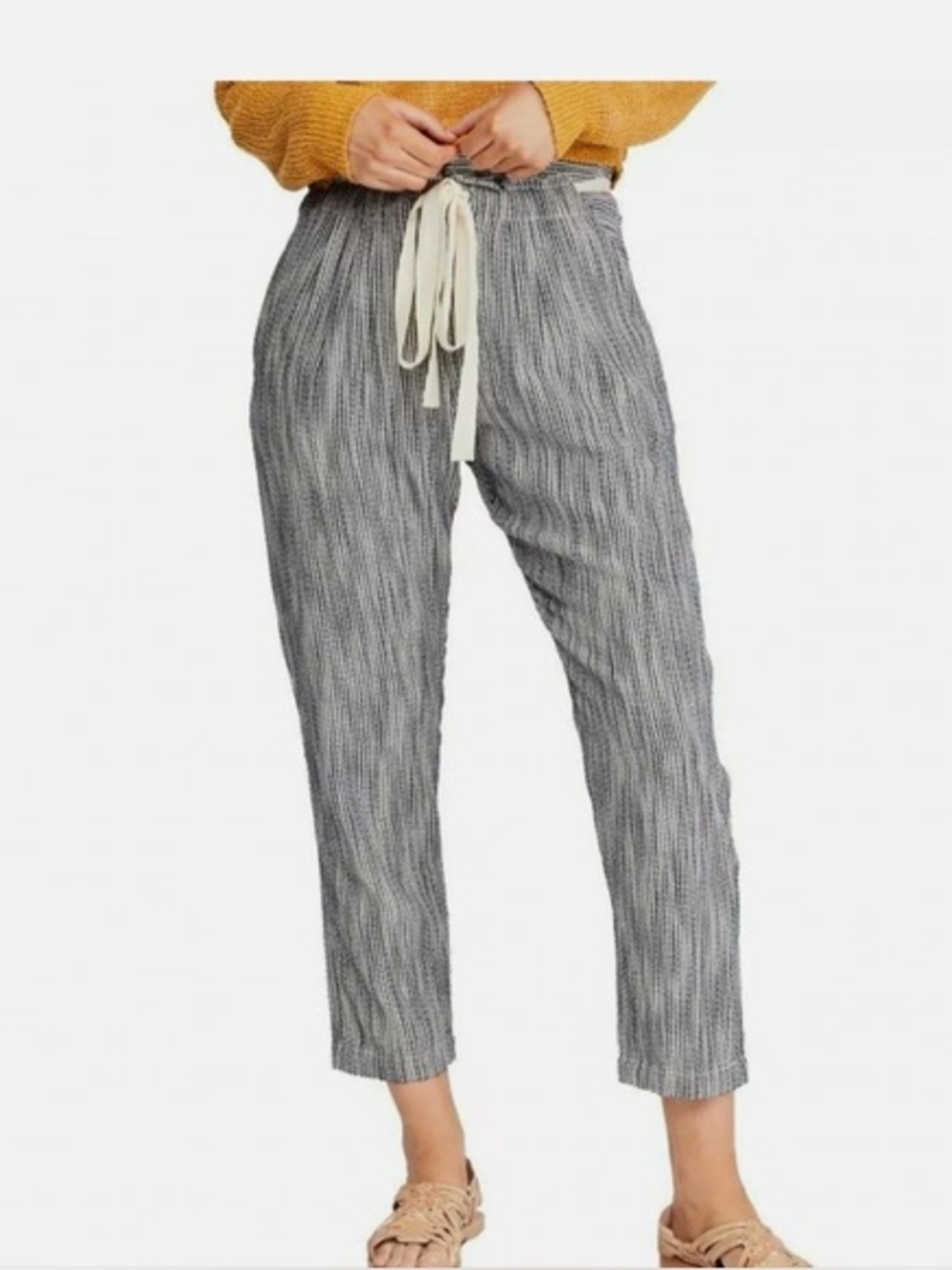 Free People Indigo Stripe Blue Cream 100% Cotton High Waist Cropped Pants Size 2